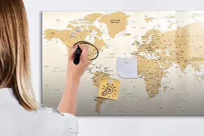 Politieke wereldkaart beschrijfbaar magneetbord van glas met design