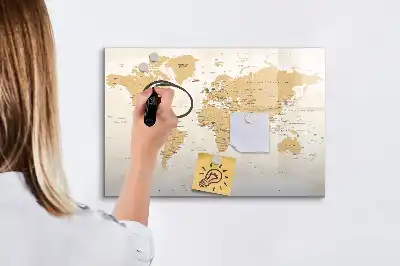 Politieke wereldkaart beschrijfbaar magneetbord van glas met design