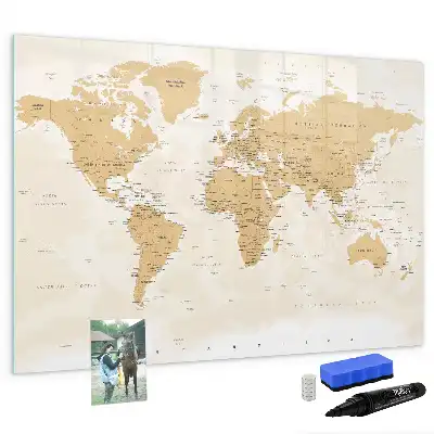 Politieke wereldkaart beschrijfbaar magneetbord van glas met design