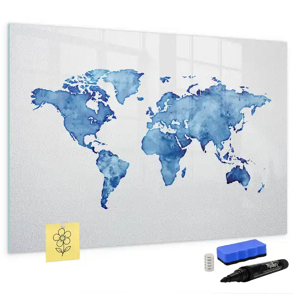 Magnetisch glazen memobord met aquarel wereldkaart design