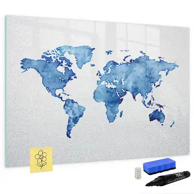 Magnetisch glazen memobord met aquarel wereldkaart design