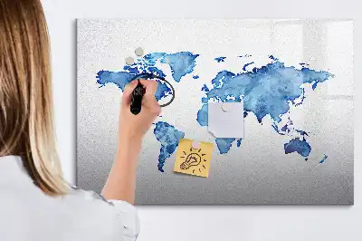 Magnetisch glazen memobord met aquarel wereldkaart design