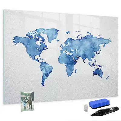 Magnetisch glazen memobord met aquarel wereldkaart design