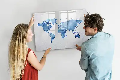Magnetisch glazen memobord met aquarel wereldkaart design