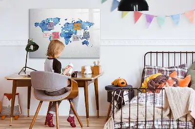 Magnetisch glazen memobord met aquarel wereldkaart design