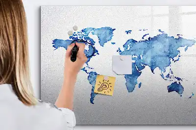 Magnetisch glazen memobord met aquarel wereldkaart design