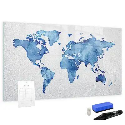 Magnetisch glazen memobord met aquarel wereldkaart design