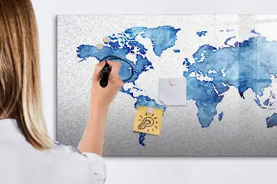 Magnetisch glazen memobord met aquarel wereldkaart design