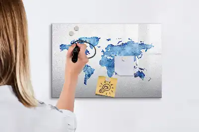 Magnetisch glazen memobord met aquarel wereldkaart design