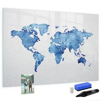 Magnetisch glazen memobord met aquarel wereldkaart design