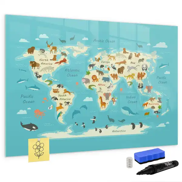 Beschrijfbaar glazen magneetbord met design van een wereldkaart met dieren