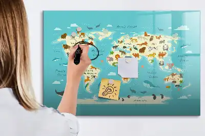 Beschrijfbaar glazen magneetbord met design van een wereldkaart met dieren