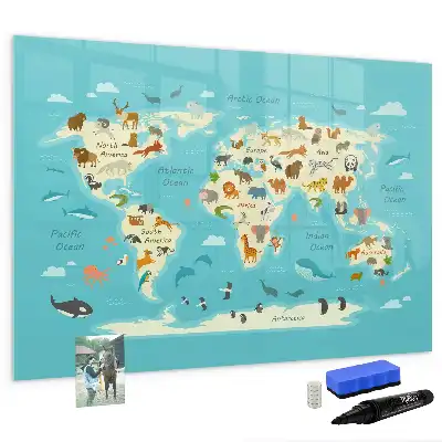 Beschrijfbaar glazen magneetbord met design van een wereldkaart met dieren