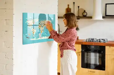 Beschrijfbaar glazen magneetbord met design van een wereldkaart met dieren