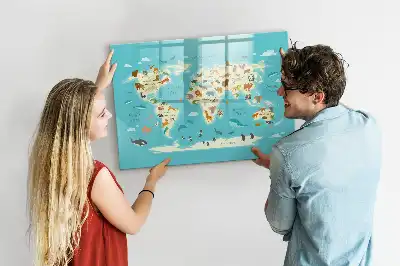 Beschrijfbaar glazen magneetbord met design van een wereldkaart met dieren