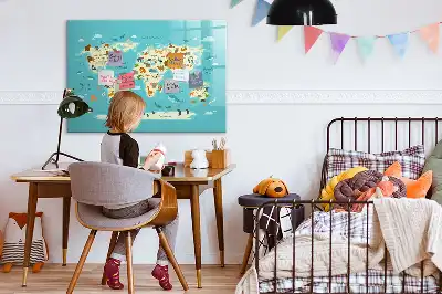 Beschrijfbaar glazen magneetbord met design van een wereldkaart met dieren