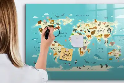 Beschrijfbaar glazen magneetbord met design van een wereldkaart met dieren
