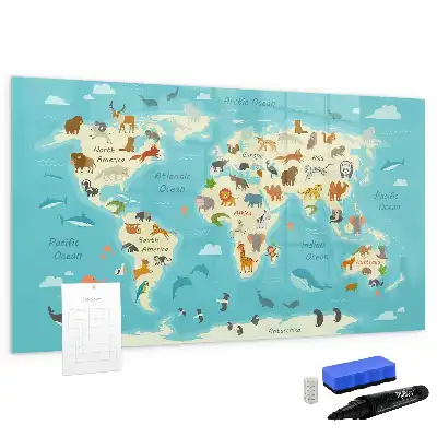 Beschrijfbaar glazen magneetbord met design van een wereldkaart met dieren