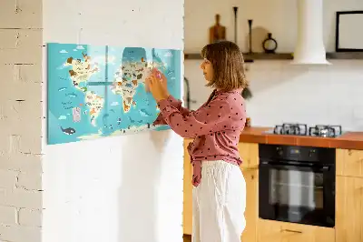 Beschrijfbaar glazen magneetbord met design van een wereldkaart met dieren