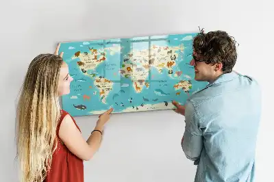 Beschrijfbaar glazen magneetbord met design van een wereldkaart met dieren