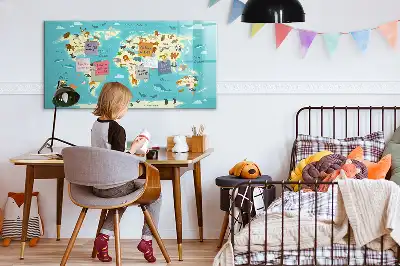 Beschrijfbaar glazen magneetbord met design van een wereldkaart met dieren
