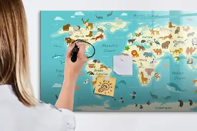 Beschrijfbaar glazen magneetbord met design van een wereldkaart met dieren