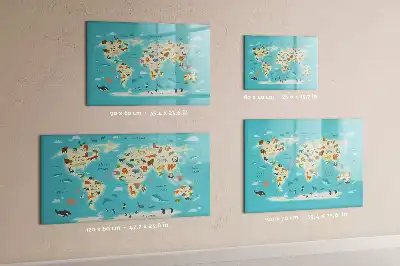 Beschrijfbaar glazen magneetbord met design van een wereldkaart met dieren