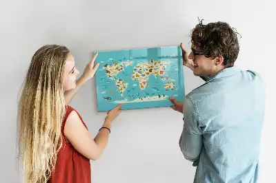 Beschrijfbaar glazen magneetbord met design van een wereldkaart met dieren