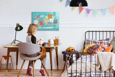 Beschrijfbaar glazen magneetbord met design van een wereldkaart met dieren