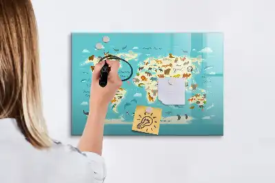 Beschrijfbaar glazen magneetbord met design van een wereldkaart met dieren