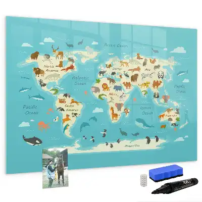 Beschrijfbaar glazen magneetbord met design van een wereldkaart met dieren