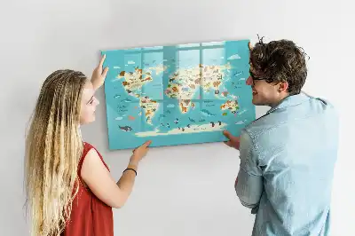 Beschrijfbaar glazen magneetbord met design van een wereldkaart met dieren