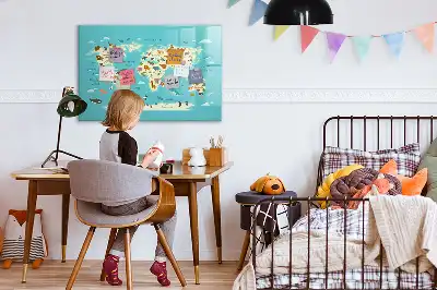 Beschrijfbaar glazen magneetbord met design van een wereldkaart met dieren