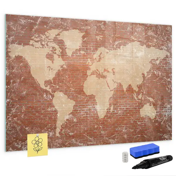 Magnetisch glazen schrijfbord met wereldkaart decoratieve print op baksteenstijl