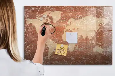 Magnetisch glazen schrijfbord met wereldkaart decoratieve print op baksteenstijl