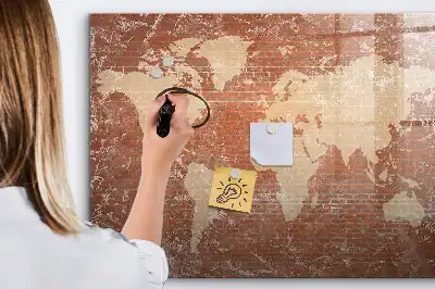 Magnetisch glazen schrijfbord met wereldkaart decoratieve print op baksteenstijl