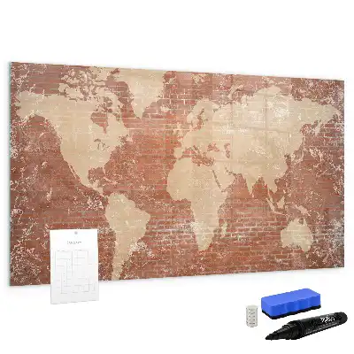Magnetisch glazen schrijfbord met wereldkaart decoratieve print op baksteenstijl