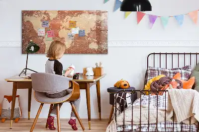 Magnetisch glazen schrijfbord met wereldkaart decoratieve print op baksteenstijl