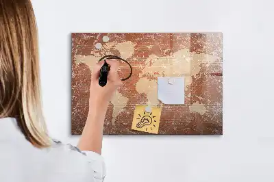 Magnetisch glazen schrijfbord met wereldkaart decoratieve print op baksteenstijl