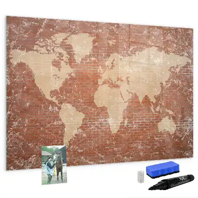 Magnetisch glazen schrijfbord met wereldkaart decoratieve print op baksteenstijl