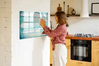 Beschrijfbaar glazen magneetbord met blauw planken design