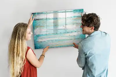 Beschrijfbaar glazen magneetbord met blauw planken design