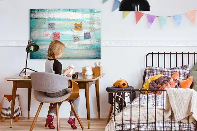Beschrijfbaar glazen magneetbord met blauw planken design
