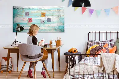 Beschrijfbaar glazen magneetbord met blauw planken design