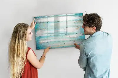 Beschrijfbaar glazen magneetbord met blauw planken design