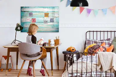 Beschrijfbaar glazen magneetbord met blauw planken design