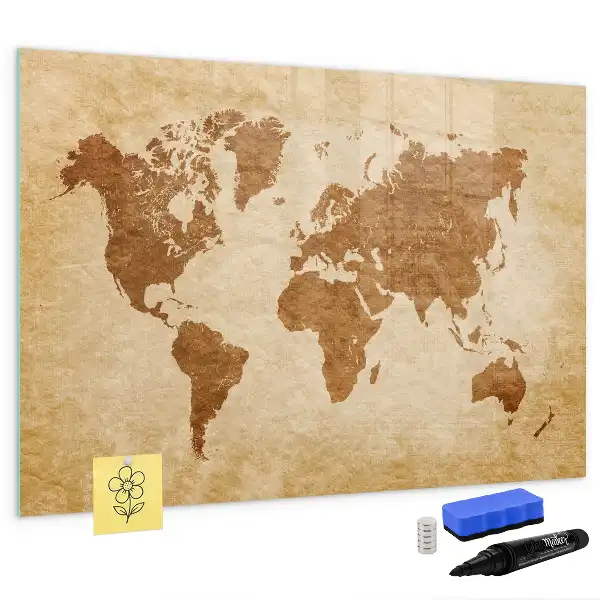 Beschrijfbaar glazen magneetbord met design wereldkaart in oude stijl