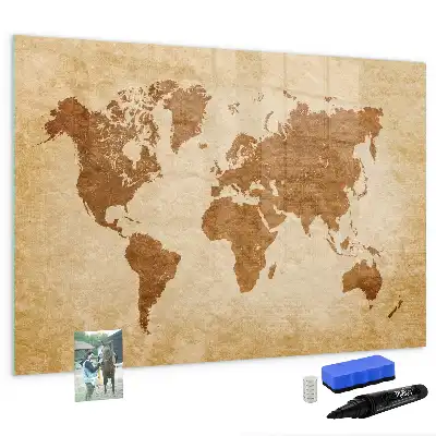 Beschrijfbaar glazen magneetbord met design wereldkaart in oude stijl