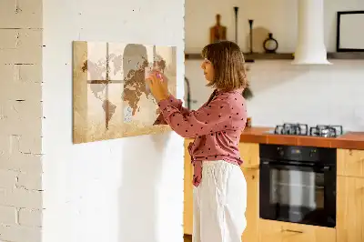 Beschrijfbaar glazen magneetbord met design wereldkaart in oude stijl