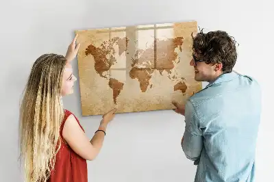 Beschrijfbaar glazen magneetbord met design wereldkaart in oude stijl